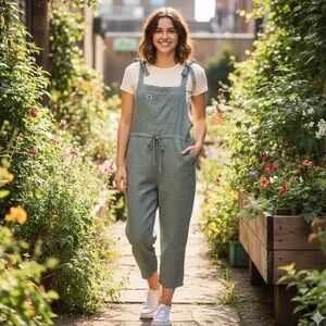 Lucy & Yak Sz 14 Sage Green Organic Cotton Linen Crop Relaxed Overalls Jumpsuit